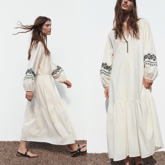 ZARA COTTON EMBROIDERED LONG TUNIC DRESS - Picture 5 of 11